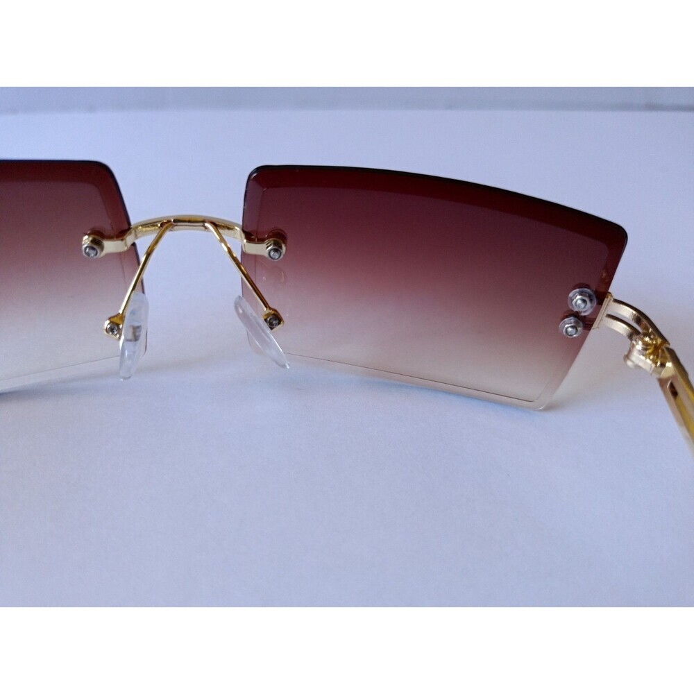 Rimless Rectangular Sunglasses Brown Tint Unisex Metal Frame - Picture 7 of 7